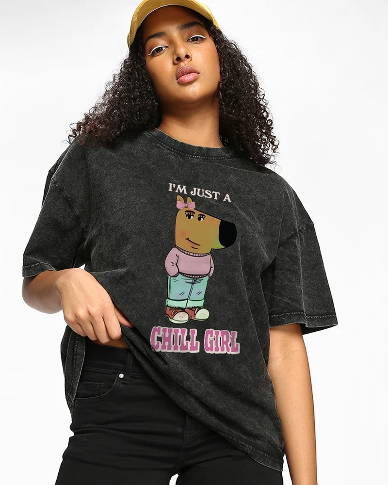 بيواكوف Women's Black Chill Girl Graphic Printed Oversized Acid Wash T-shirt